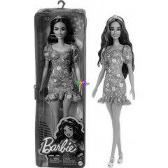 Barbie Fashionistas - Barna hajú Barbie, virág mintás ruhában, cipzáras tartóban