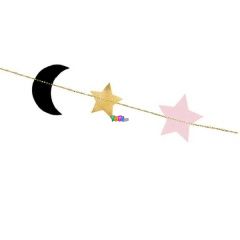 Csillag és hold formájú papír füzér, 190 cm