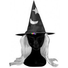 Fekete-fehér boszorkány kalap hajjal, univerzális méret